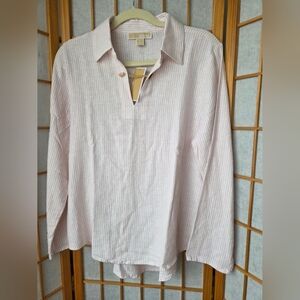 NWT WOMENS MICHAEL KORS PINK/WHITE STRIPES LINEN BLEND PULLOVER BLOUSE MEDIUM